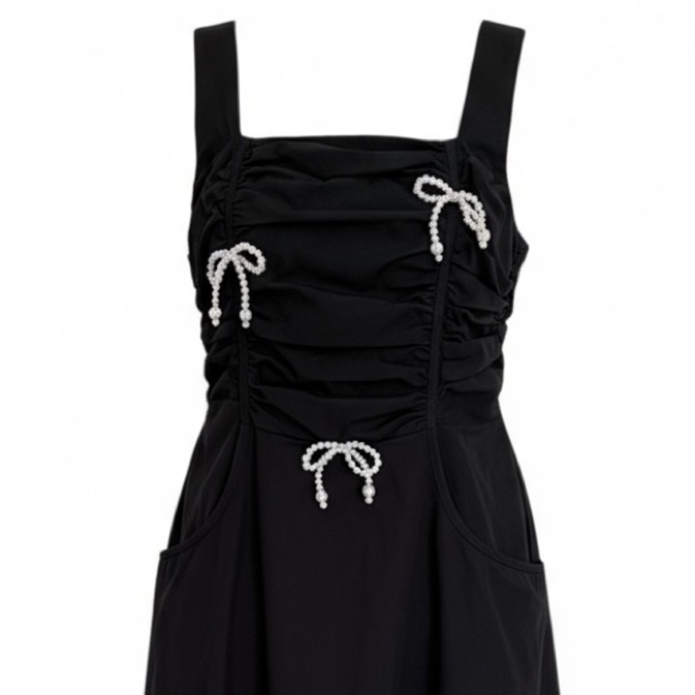 Cloud Season Chic Black Midi Dress with Pearl Bow Details - Picture 2 of 2